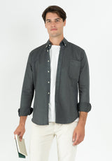 Camisa Sarga Cuello Botón Gris Oscuro