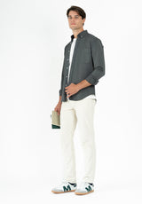 Camisa Sarga Cuello Botón Gris Oscuro