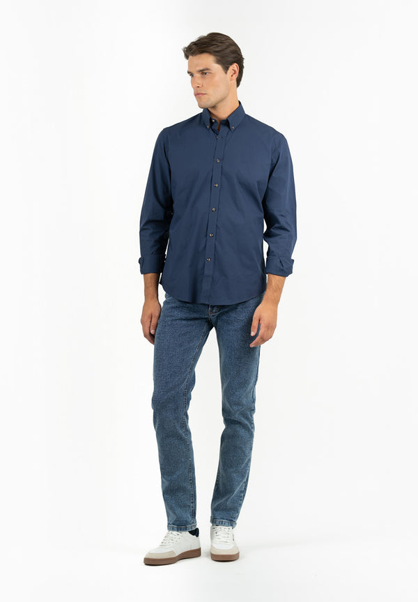 Camisa Manga Larga Lisa Poplin Marino