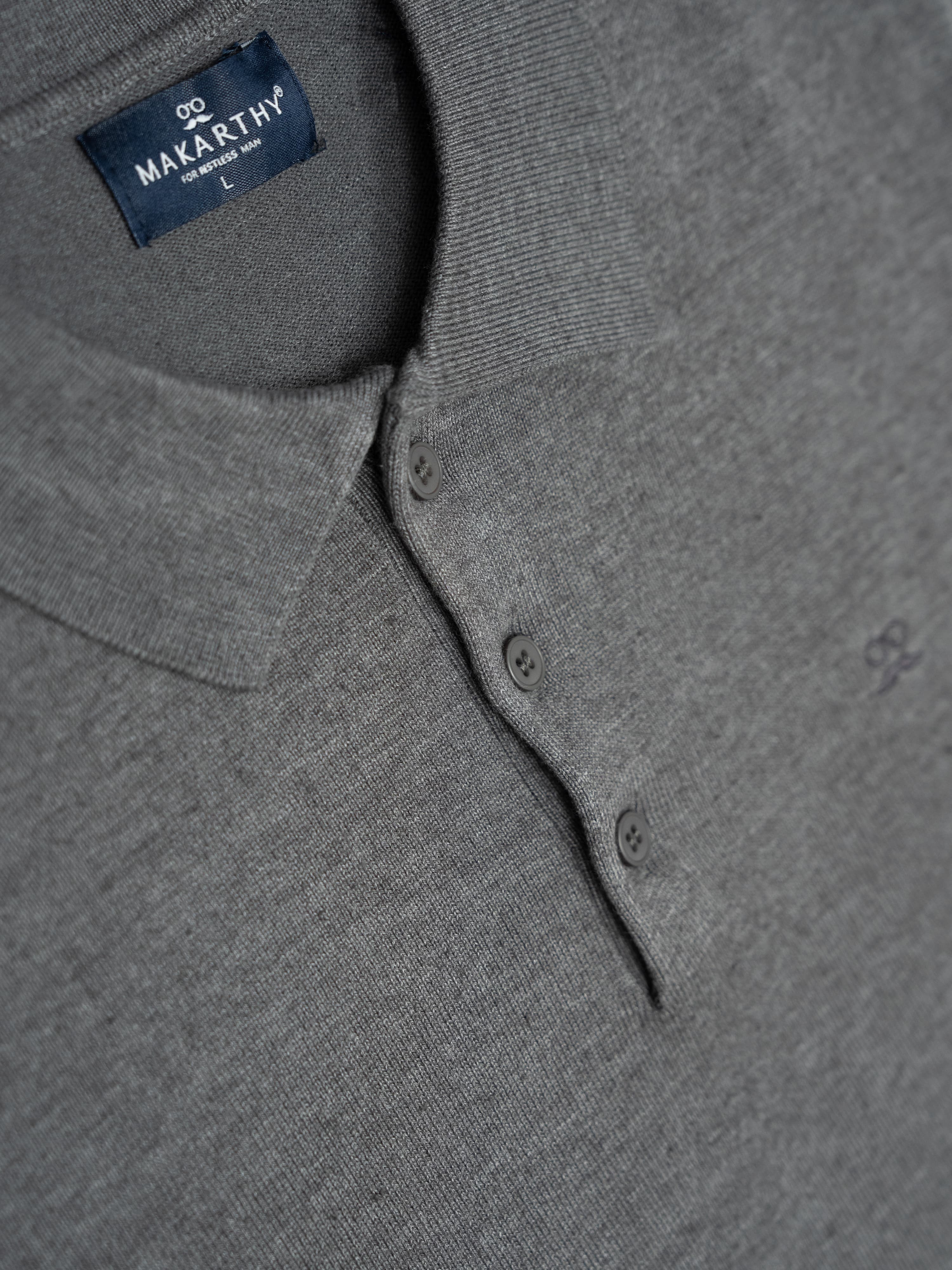 Classic Long-Sleeve Dark Gray Knit Polo Shirt