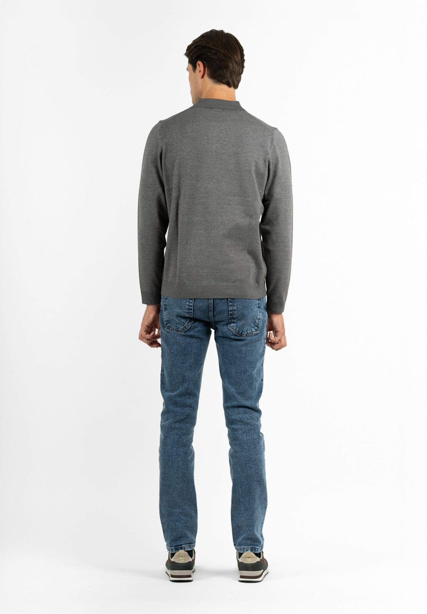 Classic Long-Sleeve Dark Gray Knit Polo Shirt
