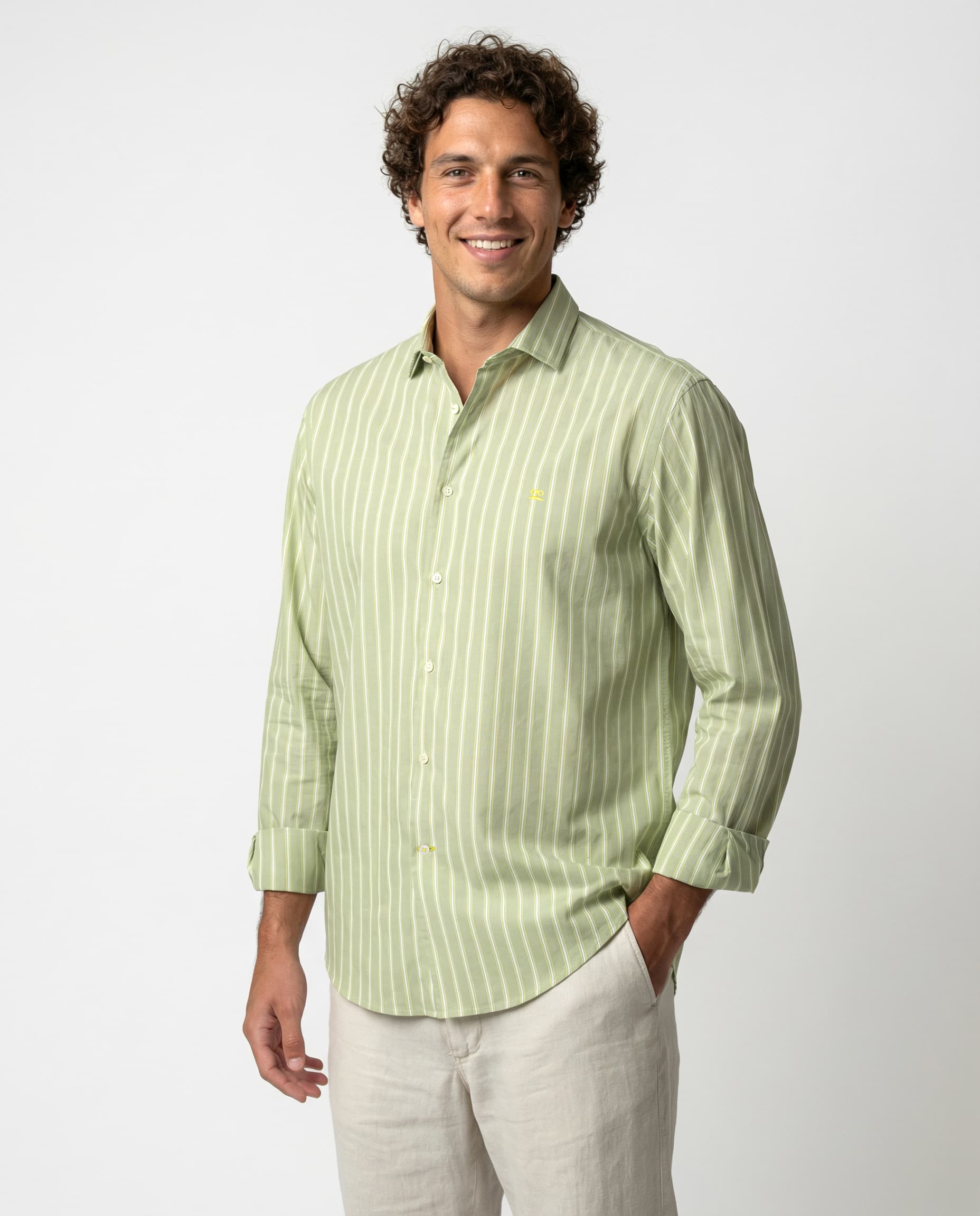 Men's Long Sleeve Button-Down Striped Shirt - Lime