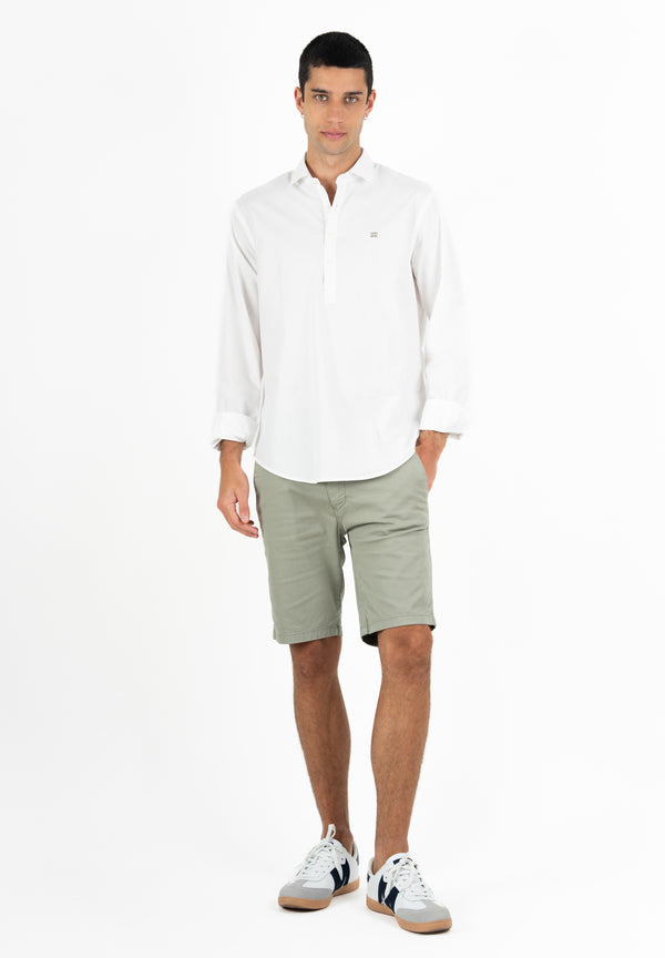 Camisa Hombre Manga Larga Polera Cuello Italiano Maorí Blanco