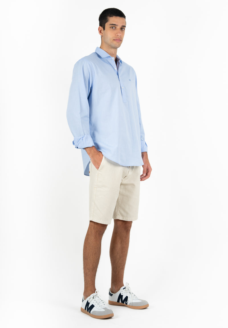 Camisa Hombre Manga Larga Polera Cuello Italiano Maorí Celeste 2