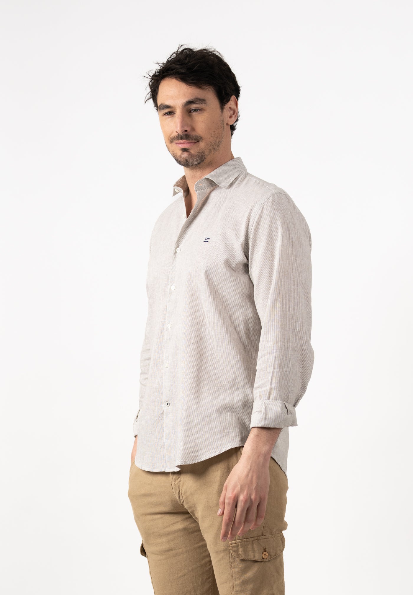 Camel Striped Slim Linen Shirt