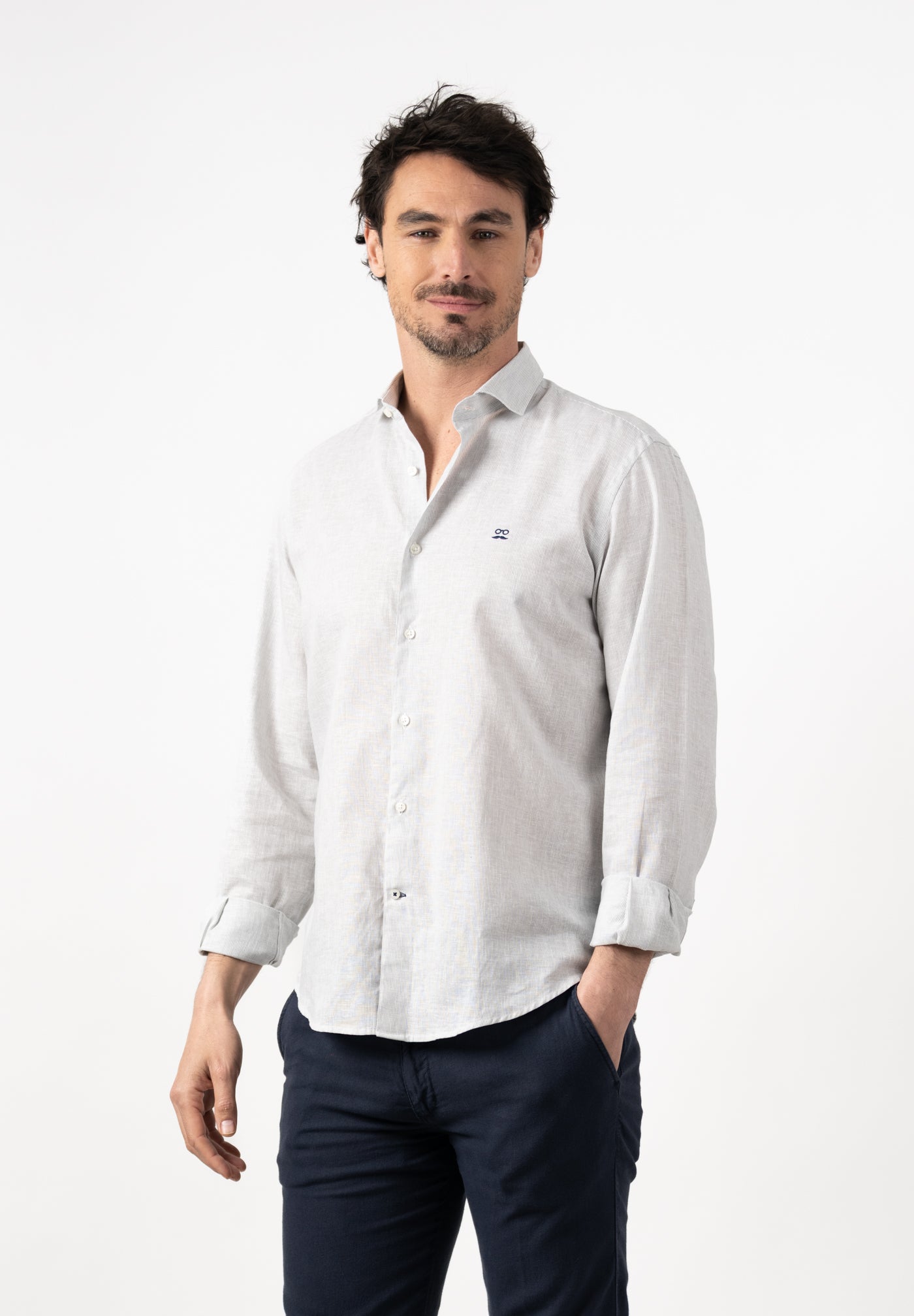 Men's Slim Fit Striped Linen Shirt - Grey