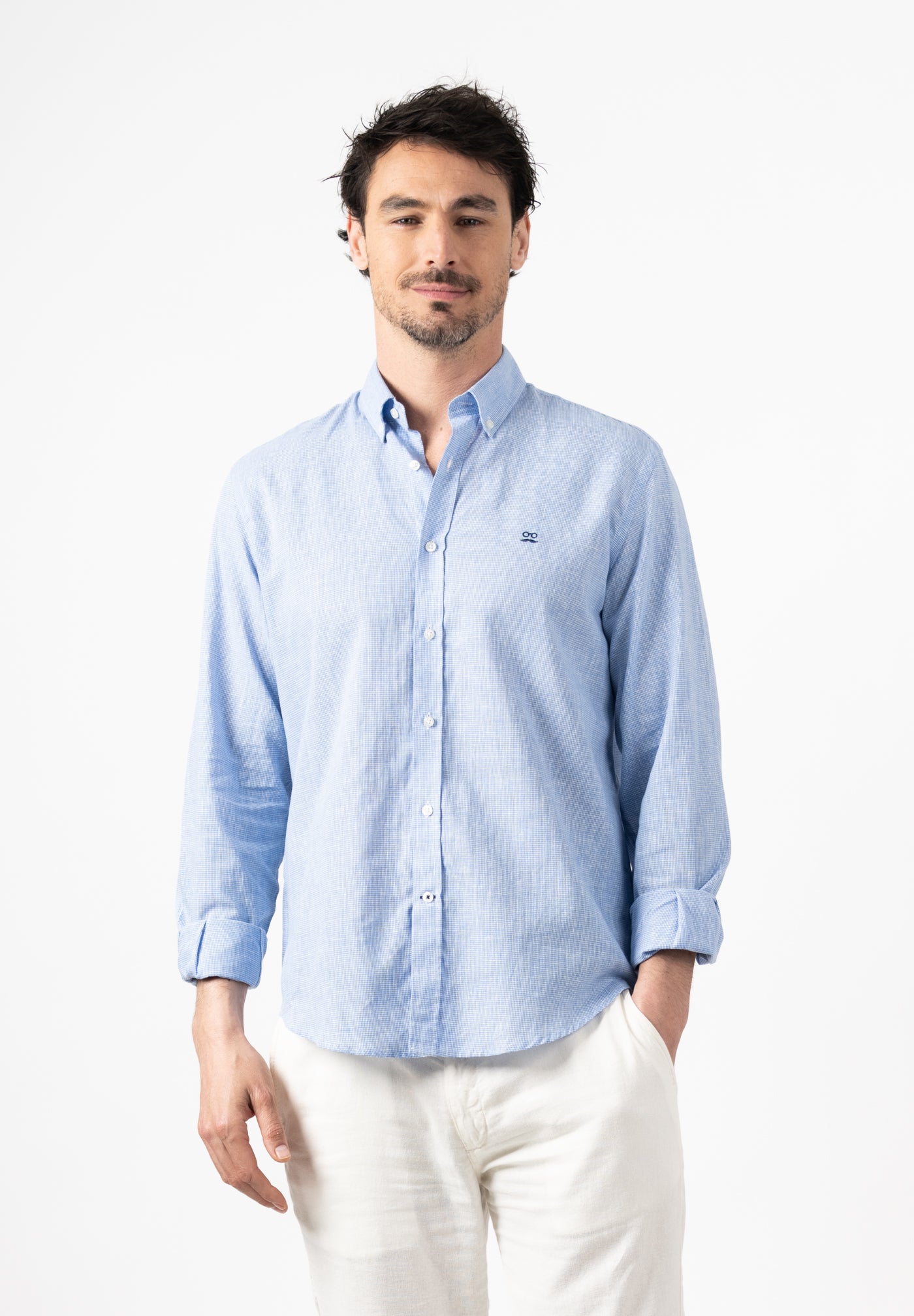 English Blue Tweed Slim Linen Shirt