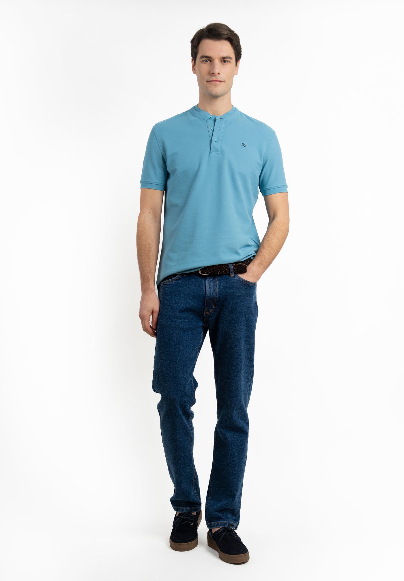 Mao Collar Polo Shirt Sea Blue