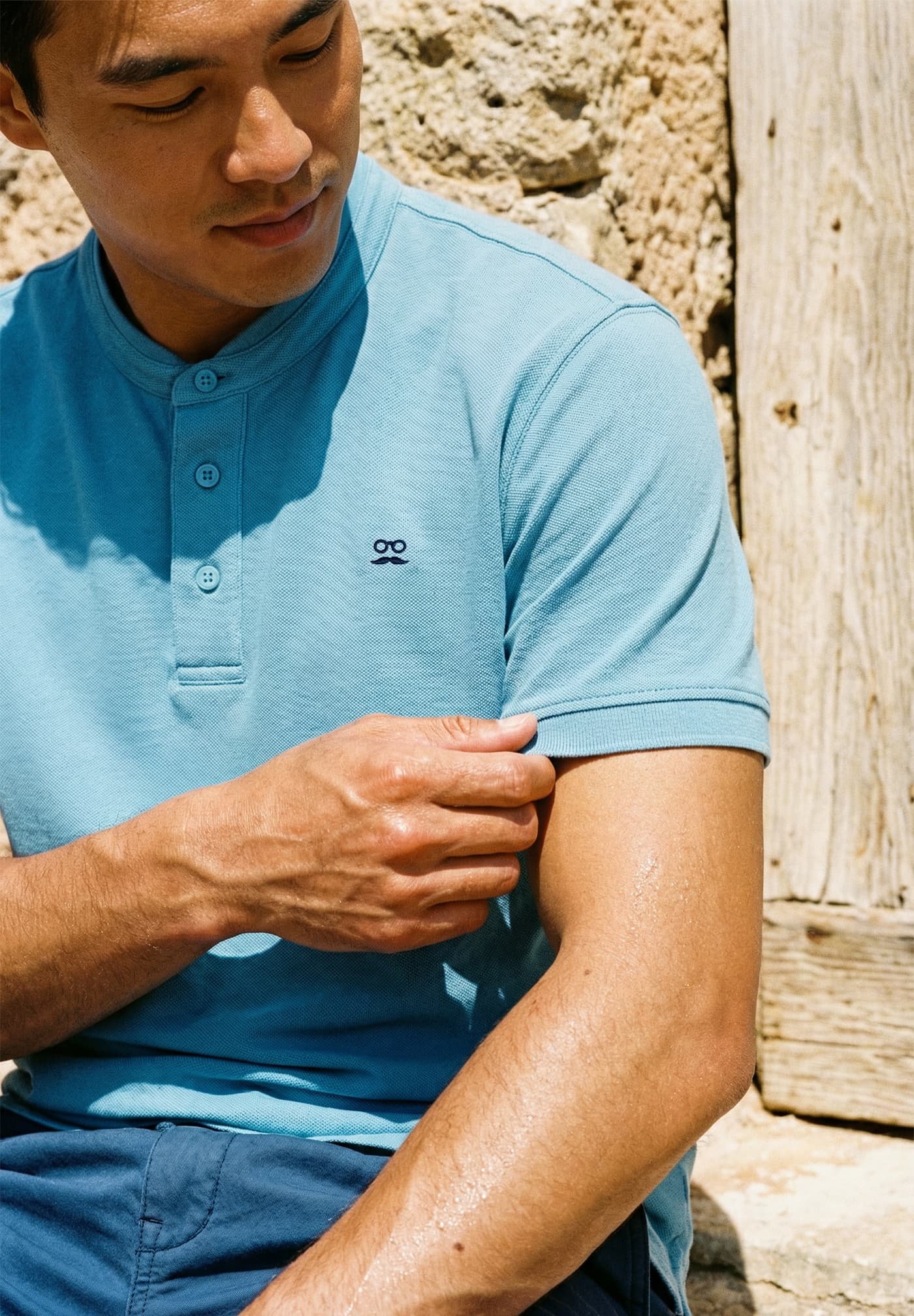 Mao Collar Polo Shirt Sea Blue