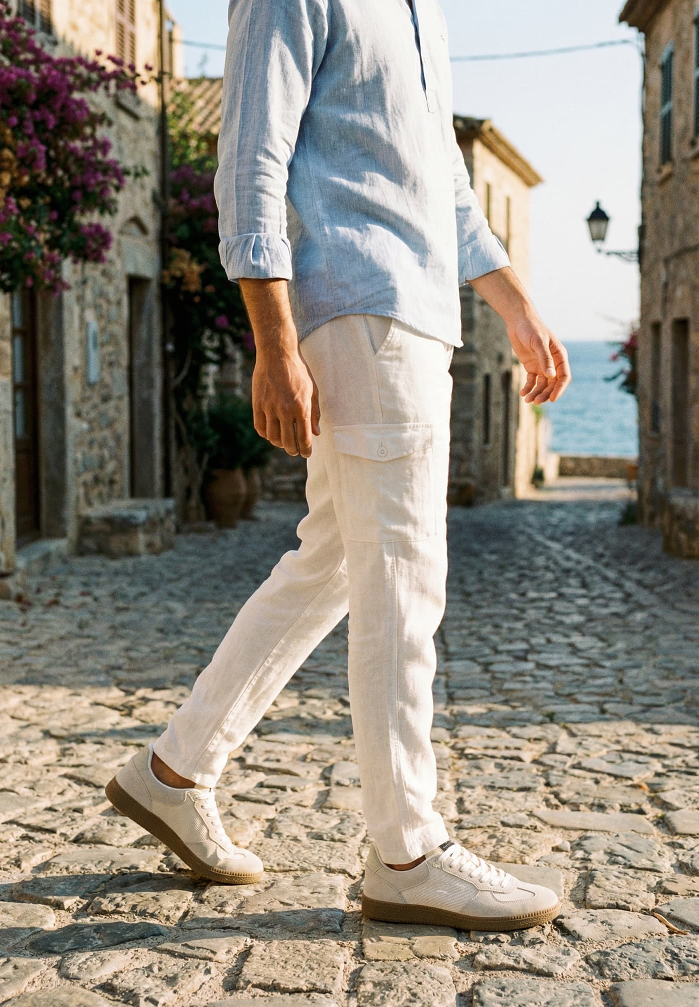 Pantalón Cargo Lino Blanco Roto