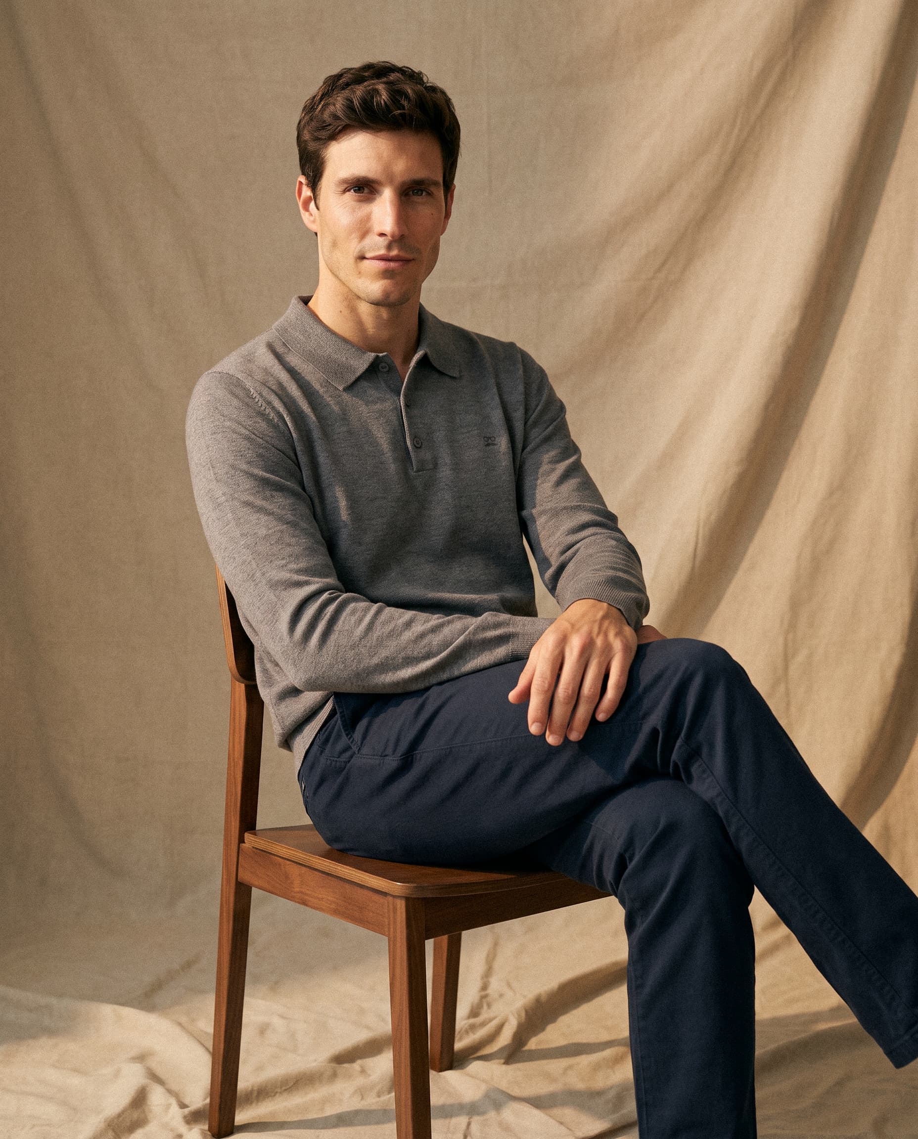 Classic Long-Sleeve Dark Gray Knit Polo Shirt